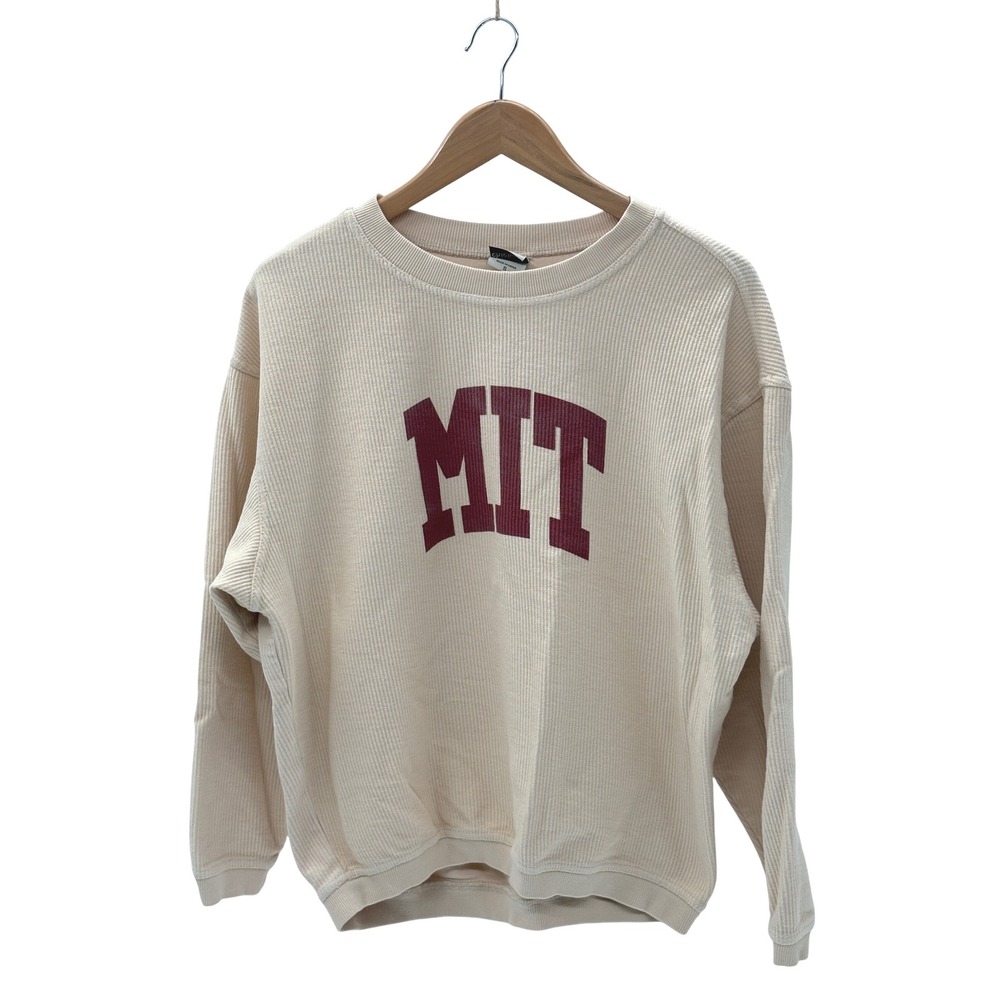 Chicka-D Top MIT Boston Corded Crewneck Oversized Women Small Off White Rib Boxy